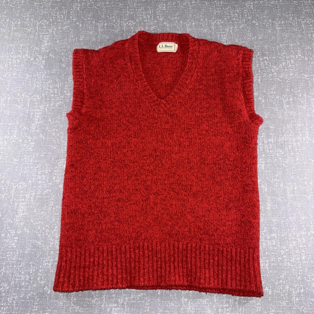 Vintage LL Bean Sweater Vest Womens Large Red Wool V Neck Knit Pullover Classic